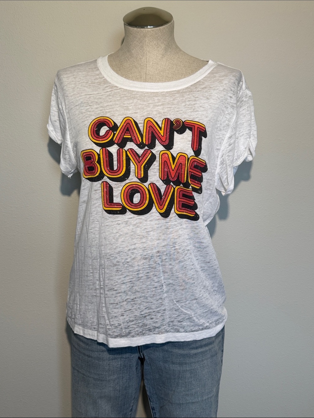Recycled Karma White Short-Sleeve Graphic Tee with Red and Yellow Retro Text